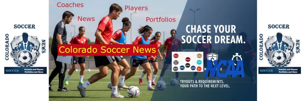 Promotional banner for Colorado Soccer News featuring a live training session with soccer players in red and blue jerseys dribbling on a field. A coach with a clipboard instructs the group. Bold text highlights “CHASE YOUR SOCCER DREAM” and “TRYOUTS & REQUIREMENTS. YOUR PATH TO THE NEXT LEVEL.” Logos for MLS, USL, NCAA, and other leagues frame the image, emphasizing development pathways. The Colorado Soccer News branding appears prominently with icons for coaches, players, news, and portfolios.