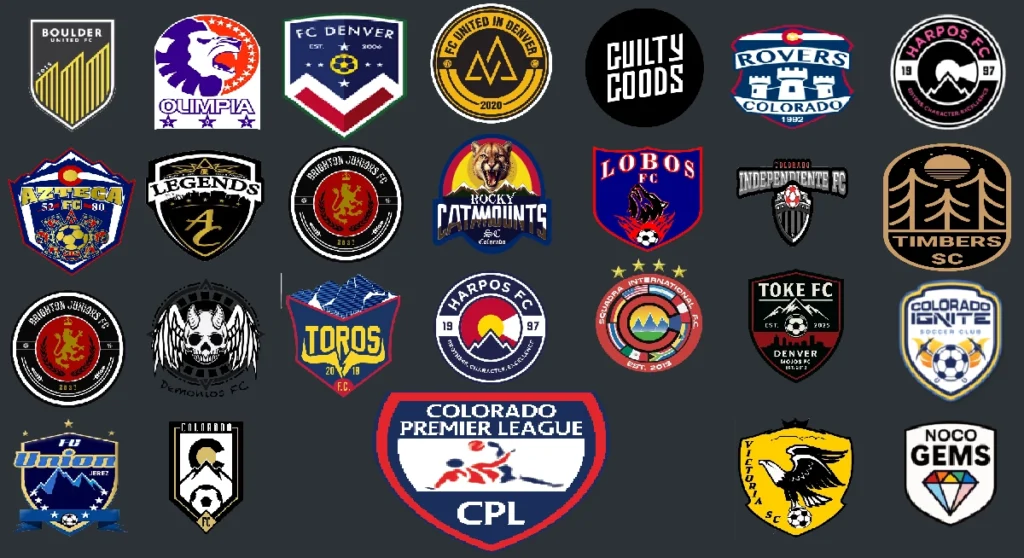 Grid of 26 soccer team logos affiliated with the Colorado Premier League, including Rocky Catamounts FC, Colorado Ignite, Guilty Goods, and NOCO Gems, centered around the CPL shield logo.