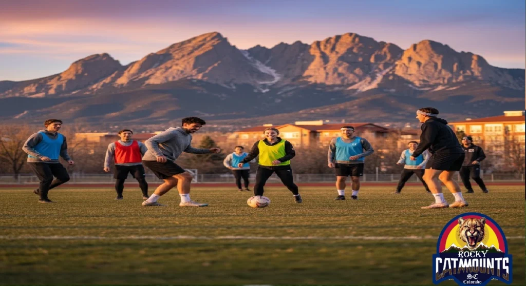 Young adults playing soccer at sunset with a mountain backdrop and colorful sky. One player in a yellow vest controls the ball. The Rocky Catamounts club logo appears in the corner.