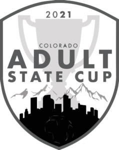 Shield logo for the 2021 Colorado Adult State Cup featuring a trophy silhouette, Denver skyline, mountain peaks, and a soccer ball.