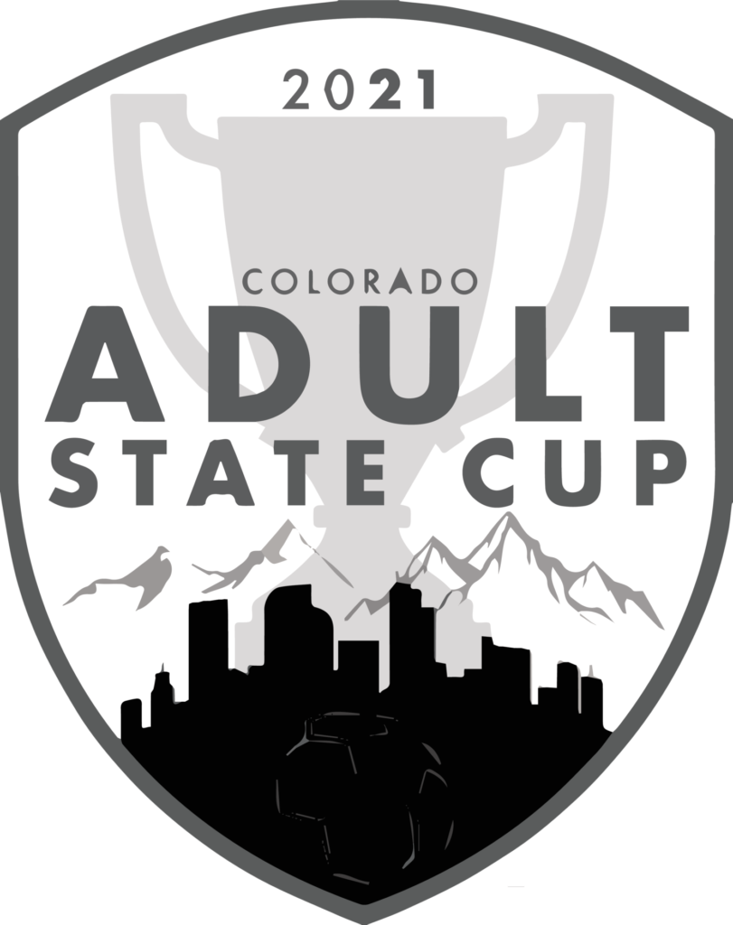 C.P.L.E.S 2025 State Cup: Logo for the 2021 Colorado Adult State Cup, featuring a large trophy in the background. The text includes '2021' at the top, 'COLORADO' in the center, and 'ADULT STATE CUP' in bold below. The bottom showcases a city skyline silhouette, mountains, and a soccer ball.