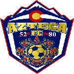 Shield logo for AZTECA FC featuring gold text, Aztec-style motifs, a soccer ball, and mountain imagery with a red sun.