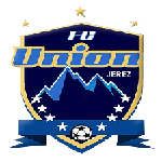 Shield logo for FC Union Jerez featuring stylized mountains, white stars, gold text, and a soccer ball ribbon.