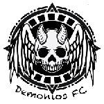 Demonios FC Stylized logo featuring a horned skull with feathered wings, encircled by a compass-like design with pointed tips.
