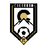 Logo for Colorado FC featuring a stylized “C” with a golden sun, mountain peaks, and a soccer ball beneath.