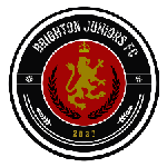 Circular logo for Brighton Juniors FC featuring a golden lion, black laurel branches, white stars, and the founding year 2021.
