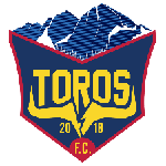 Shield logo for Toros F.C. featuring bold yellow text, mountain peaks, bull horns, and the founding year 2018.