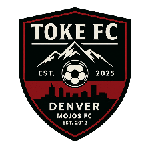 Shield logo for TOKE FC featuring mountain peaks, a soccer ball, Denver skyline, and founding year 2025.
