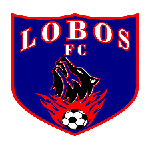 Shield logo for LOBOS FC featuring a howling black wolf, red flames around a soccer ball, and bold red lettering.