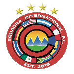 Circular logo for Squadra International F.C. featuring global flags, mountain landscape, sun, and four gold stars.