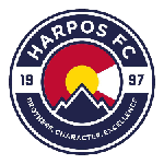 Circular logo for Harpos FC featuring mountain peaks, a yellow sun, Colorado flag colors, and the motto “Brotherhood Character Excellence.”