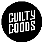 Circular black logo for Guilty Goods featuring bold white angular text in a stacked layout.