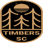 Logo for Timbers SC featuring three stylized pine trees, a circular sun or moon, and minimalist tan design elements.