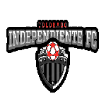 Shield logo for Colorado Independiente FC featuring a red and white soccer ball, vertical black and gray stripes, and bold club text.