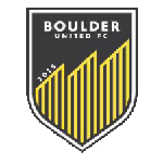 Shield logo for Boulder United FC featuring five angled yellow bars, founding year 2015, and bold white text on a dark gray background.