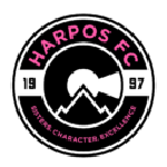 Circular logo for Harpos FC featuring pink text, mountain silhouette, spotlight beam, and the motto “Sister. Character. Excellence.”