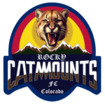 Logo for Rocky Catamounts SC Colorado featuring a fierce mountain lion, snow-capped peaks, and bold sunset colors.