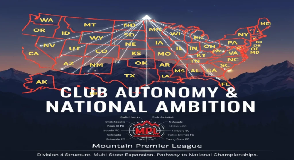 Promotional graphic for the Mountain Premier League showing a U.S. map with red-highlighted states connected to Colorado by radiating lines. Includes league branding, club logos, and text emphasizing autonomy, expansion, and national championship pathways.