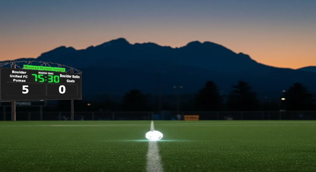 Soccer scoreboard at dusk showing Boulder United FC (Pumas) defeating Boulder Rollin Goats 5–0 in the Mountain Premier League. A glowing ball sits at midfield with a mountain sunset in the background.