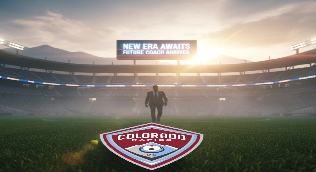 Colorado Rapids stadium scene with dramatic lighting, featuring a suited figure and a digital screen announcing a new head coach era.