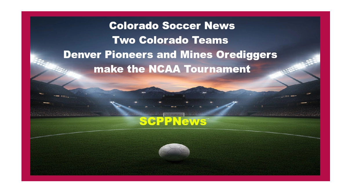 Soccer stadium with floodlights and mountains, featuring a ball on the field and text announcing Denver Pioneers and Mines Orediggers qualifying for the NCAA Tournament.