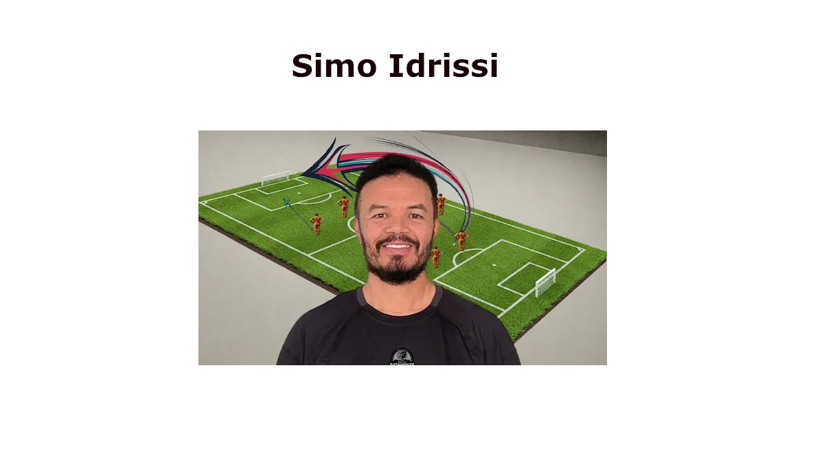 Simo Idrissi Brings Expert Soccer Analysis to SCPPNews. Simo Idrissi stands in front of a digitally rendered 3D soccer field featuring white boundary lines and red-uniformed player figures. A multicolored stylized arrow graphic hovers above the field, suggesting dynamic movement or tactical emphasis. The image blends real photography with digital design, highlighting strategic analysis and coaching presence.