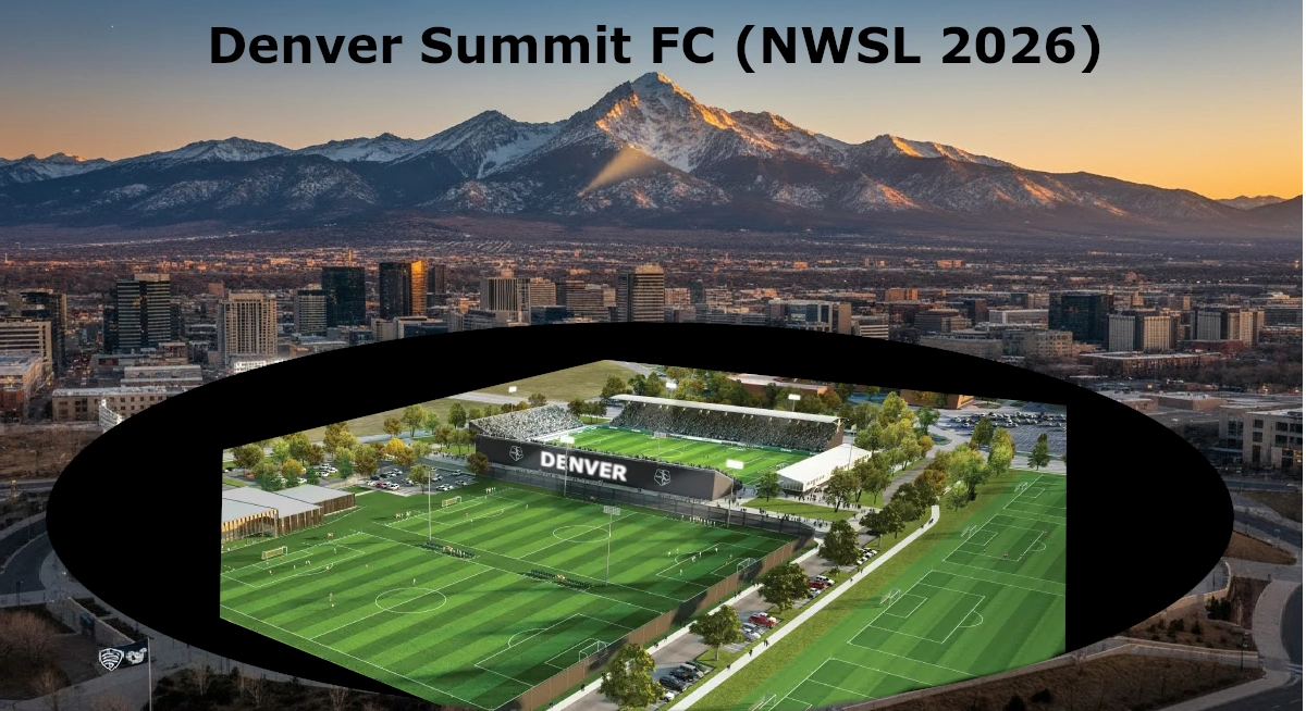 Promotional graphic for Denver Summit FC (NWSL 2026) featuring a panoramic Denver skyline, mountain backdrop, and a proposed soccer complex with stadium and training fields, highlighting the club’s future launch. Promotional graphic for Denver Summit FC (NWSL 2026) featuring a panoramic Denver skyline, mountain backdrop, and a proposed soccer complex with stadium and training fields, highlighting the club’s future launch.