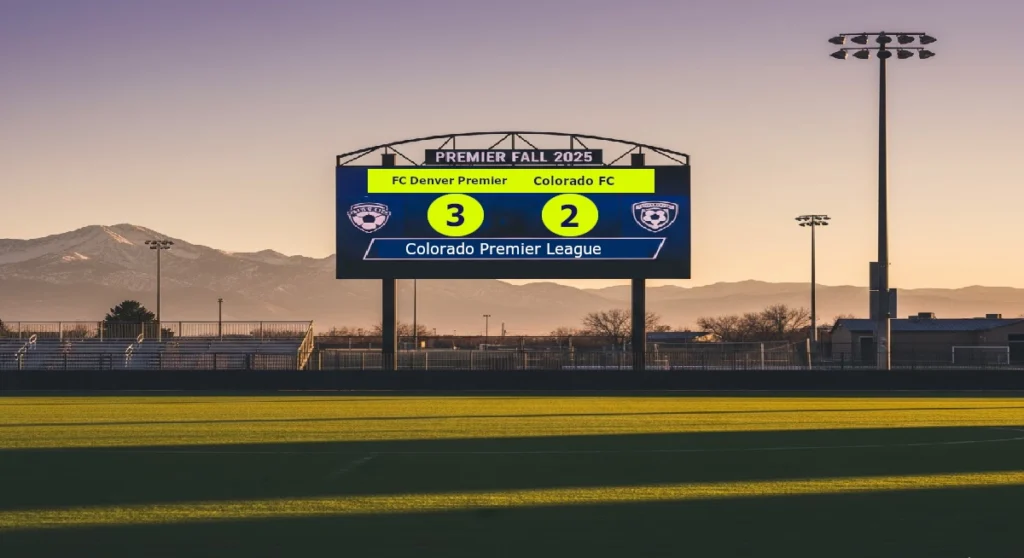 Soccer scoreboard showing FC Denver Premier defeating Colorado FC 3–2 in the Premier Fall 2025 season of the Colorado Premier League. The scene includes team logos, stadium lights, fencing, and a mountain sunset backdrop.