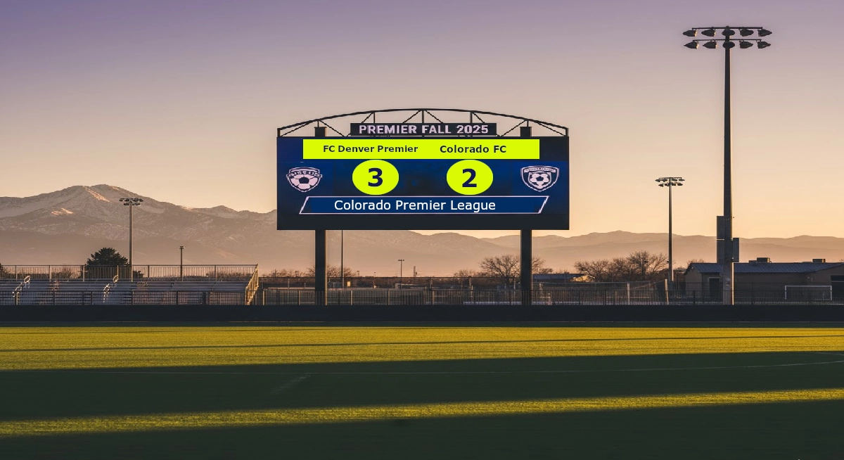 Soccer scoreboard showing FC Denver Premier defeating Colorado FC 3–2 in the Premier Fall 2025 season of the Colorado Premier League. The scene includes team logos, stadium lights, fencing, and a mountain sunset backdrop.