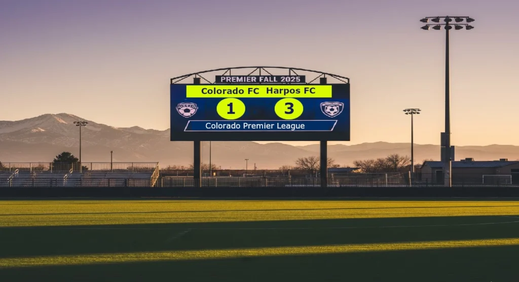 Soccer scoreboard showing Harpos FC defeating Colorado FC 3–1 in the Colorado Premier League’s Premier Fall 2025 season. Sunset lighting and mountain backdrop frame the scene, with team logos displayed on either side.