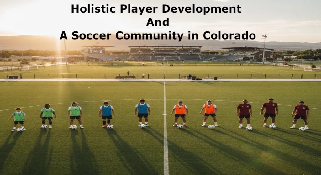 Soccer players and coaches lined up on a field with individual balls, wearing training bibs and maroon shirts. A stadium and mountain backdrop frame the scene. Text reads “Holistic Player Development and A Soccer Community in Colorado.”