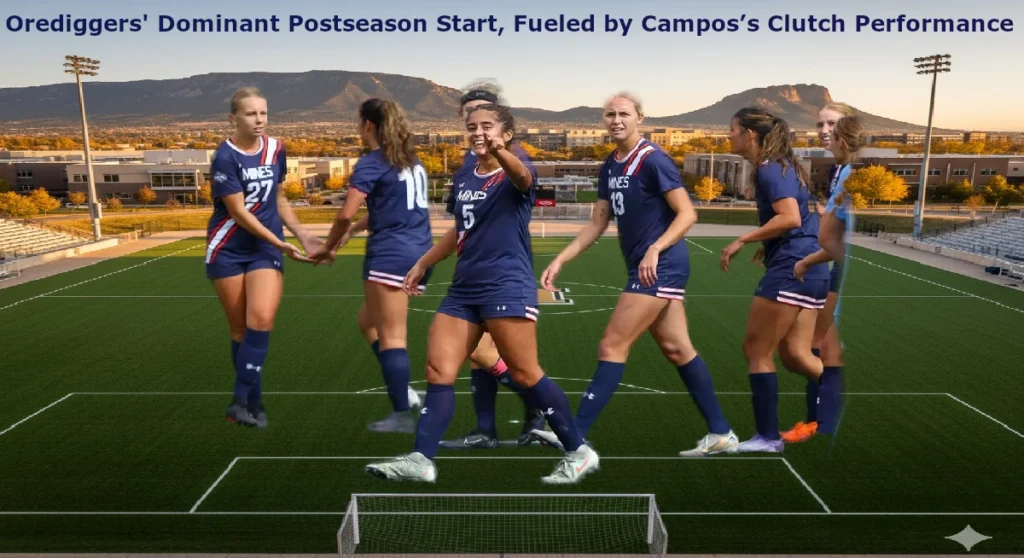 Six Colorado School of Mines women’s soccer players stand on a field with a mountain backdrop, celebrating a dominant postseason start. Players wear navy uniforms with red and white accents, and jersey numbers include 27, 5, 7, 15, and 10. One player appears to be in motion, celebrating. The setting includes campus buildings, goalposts, and light poles. Text at the top reads “Orediggers’ Dominant Postseason Start, Fueled by Campos’s Clutch Performance.”