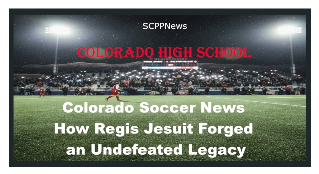 Promotional graphic from SCPPNews featuring a brightly lit soccer stadium during snowfall, with players on the field and spectators in the stands. Overlaid text reads: “COLORADO HIGH SCHOOL – Colorado Soccer Collegiate – How Regis Jesuit Forged an Undefeated Legacy,” highlighting Regis Jesuit’s historic achievement.