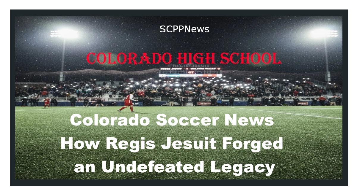Promotional graphic from SCPPNews featuring a brightly lit soccer stadium during snowfall, with players on the field and spectators in the stands. Overlaid text reads: “COLORADO HIGH SCHOOL – Colorado Soccer Collegiate – How Regis Jesuit Forged an Undefeated Legacy,” highlighting Regis Jesuit’s historic achievement.