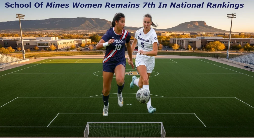 Colorado School of Mines women’s soccer player in navy jersey (#10) challenges a Metropolitan State Roadrunners player in white jersey (#5) for the ball mid-air. The action takes place on a well-maintained field with stadium seating, buildings, and a mountain backdrop. Text at the top reads “School Of Mines Women Remains 7th In National Rankings.”