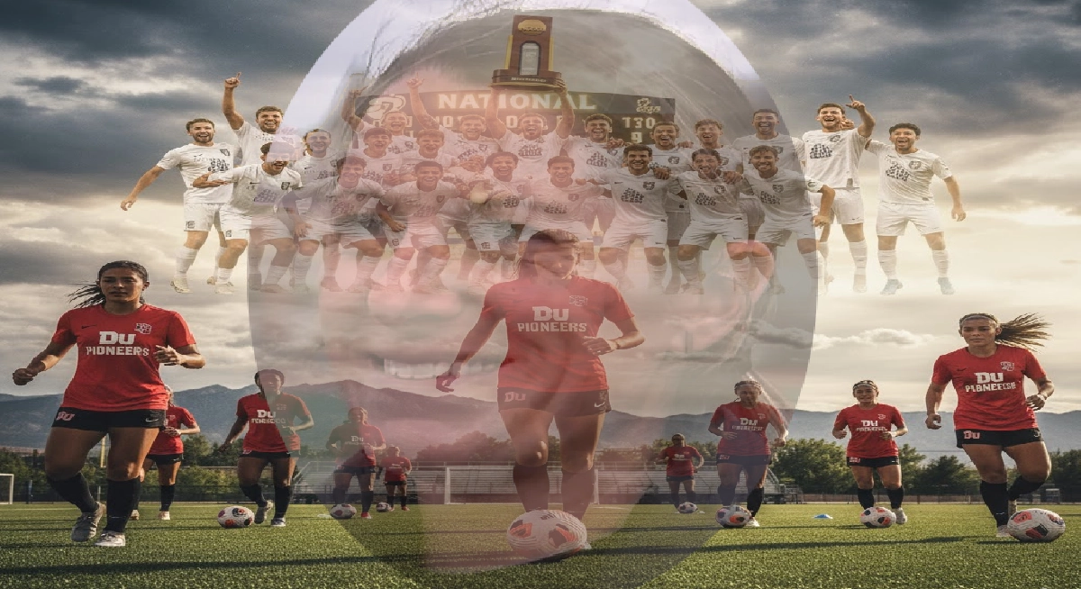 Composite image featuring University of Denver soccer teams. In the foreground, DU Pioneers women’s players in red uniforms run across a field with soccer balls, set against a dramatic mountain sky. A translucent overlay shows DU men’s players in white uniforms celebrating a 1–0 national championship win in front of a scoreboard and trophy.