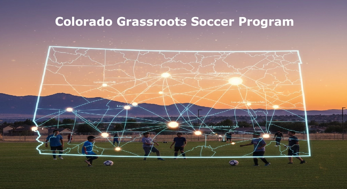Graphic showing youth playing soccer at sunset with mountains in the background. A glowing digital outline of Colorado overlays the scene, with labeled nodes representing local grassroots clubs, organizations, and fields. Graphic showing youth playing soccer at sunset with mountains in the background. A glowing digital outline of Colorado overlays the scene, with labeled nodes representing local grassroots clubs, organizations, and fields.