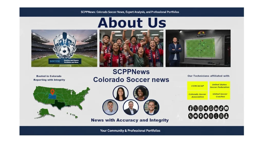 Promotional graphic for SCPPNews featuring Colorado-focused soccer journalism, expert analysis, technician affiliations, and community engagement; includes stadium visuals, fan imagery, data presentation, and highlighted Colorado map.