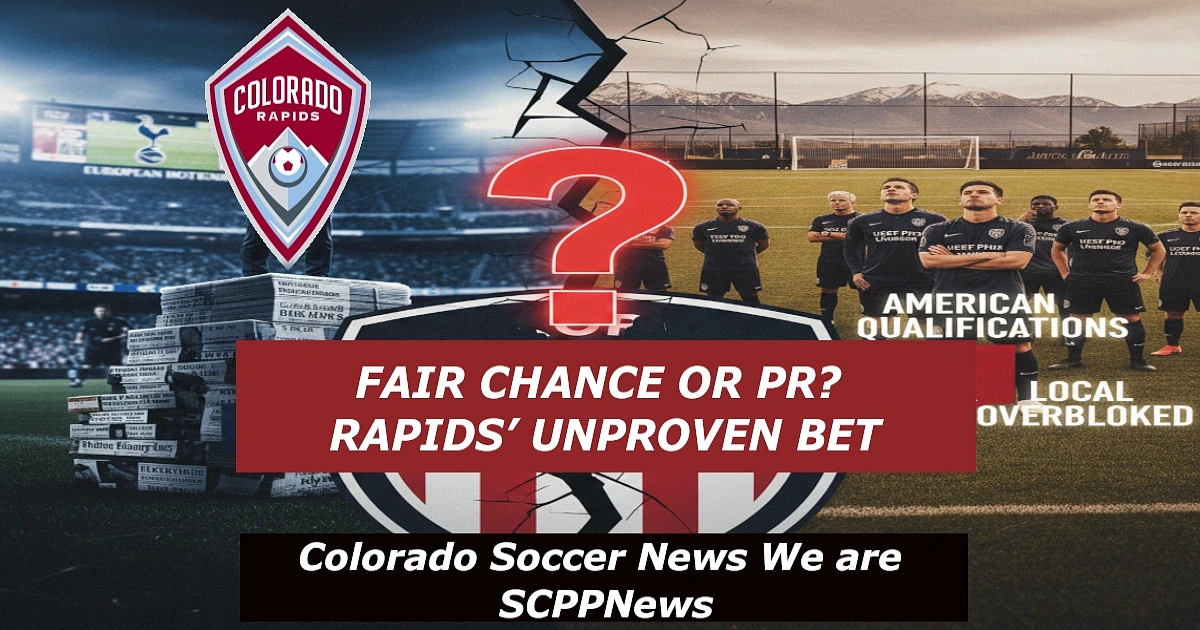 Editorial graphic from Colorado Soccer News questioning the Colorado Rapids’ recruitment strategy. The left side shows a suited figure in a stadium labeled “European Rotations,” surrounded by newspaper stacks. The right-side features American players on a field with mountain scenery, labeled “American Qualifications” and “Local Overlooked.” A large red question mark overlays the Rapids logo in the center, with bold text: “FAIR CHANCE OR PR? RAPIDS’ UNPROVEN BET.” Colorado Soccer News, SCPPNews,