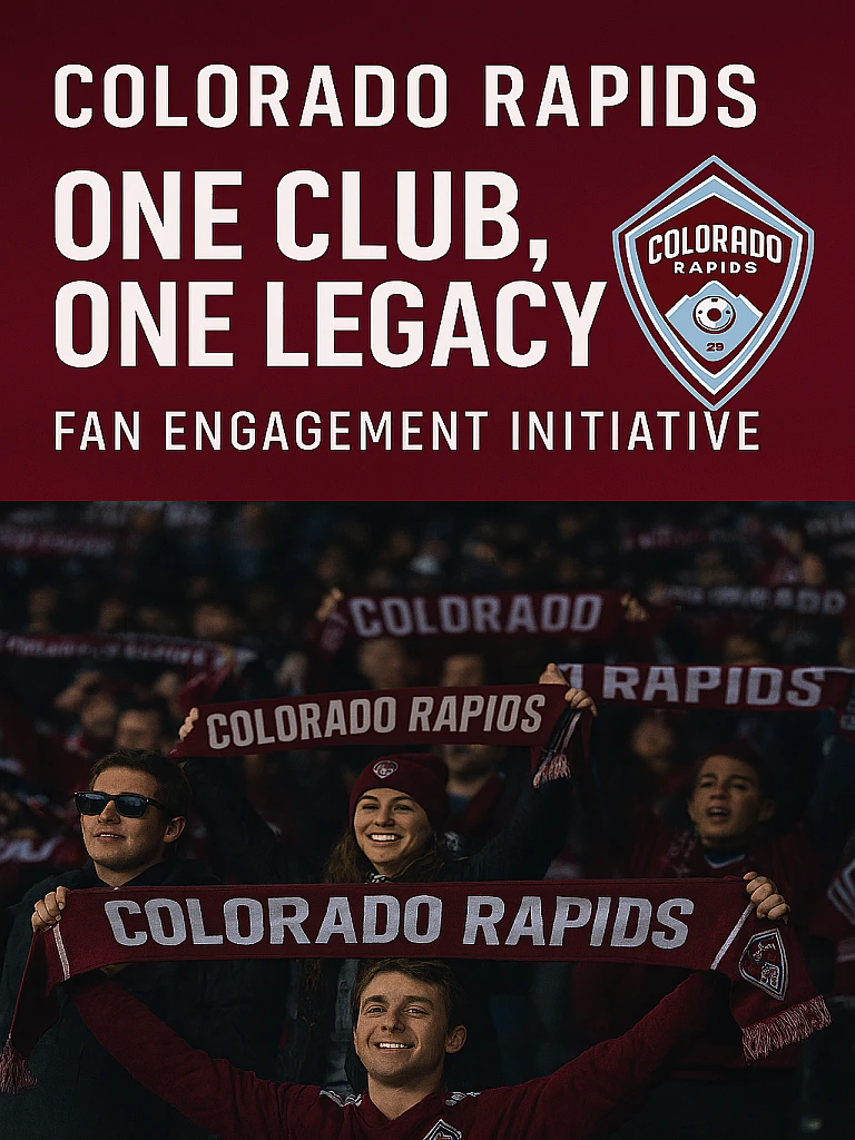 Colorado Rapids fans in stadium holding team scarves beneath "One Club, One Legacy" fan engagement banner and logo. Celebrate 30 years of Colorado Rapids soccer with the "One Club, One Legacy" initiative—uniting fans, enhancing matchday experiences, and shaping the future of the club together.