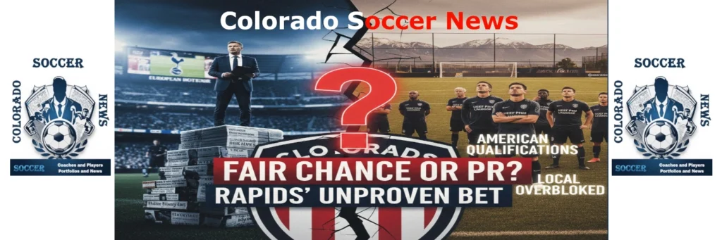 Editorial graphic from Colorado Soccer News questioning the Colorado Rapids’ recruitment strategy. The left side shows a suited figure in a stadium labeled “European Rotations,” surrounded by newspaper stacks. The right side features American players on a field with mountain scenery, labeled “American Qualifications” and “Local Overlooked.” A large red question mark overlays the Rapids logo in the center, with bold text: “FAIR CHANCE OR PR? RAPIDS’ UNPROVEN BET.”