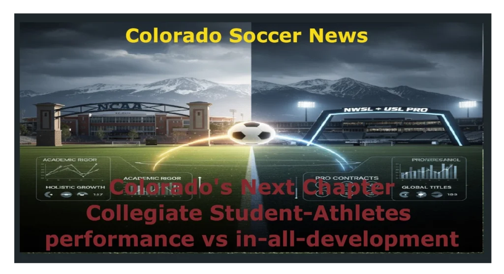 Split-screen graphic comparing two soccer development pathways in Colorado: collegiate student-athletes and professional systems. The left side features an NCAA stadium with icons for academic rigor and holistic growth; the right side shows an NWSL + USL PRO stadium with icons for pro contracts and global titles. A soccer ball bridges the two paths. The mountainous background includes a stylized overlay of the Colorado state flag, reinforcing local identity.