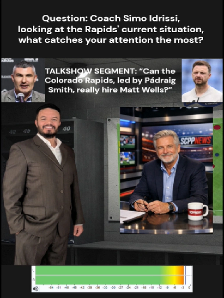 Sports talk show graphic featuring Coach Simo Idrissi standing on the right side of the image. Above him on the top right is a headshot of the Colorado Rapids president, and on the top left is a headshot of Matt Wells, the assistant coach who may be joining the Rapids as head coach. At the bottom left is journalist Don, positioned in front of a banner reading “SCPPNEWS,” with “SCPP” in white and “NEWS” in red. The graphic displays the segment title “Can the Colorado Rapids, led by Pádraig Smith, really hire Matt Wells?” along with a question directed to Coach Idrissi about the Rapids’ current situation.
