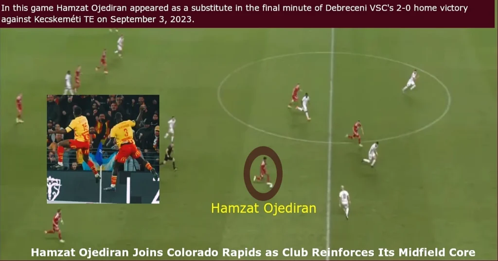 Hamzat Ojediran highlighted in a red Debreceni VSC kit during a match against white‑kit Kecskeméti TE players, with ten players on the field and an inset showing two yellow‑and‑red‑kit players celebrating near the corner flag.