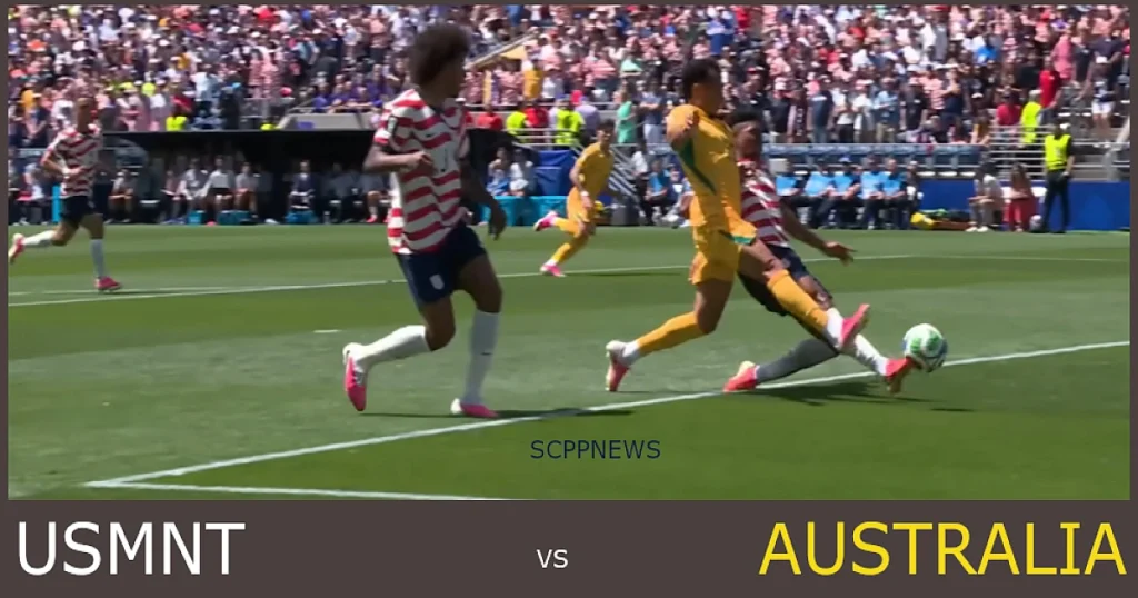 A USMNT defender challenges an Australian attacker during the United States' 2-0 FIFA World Cup victory, a result that secured the Americans a place in the Round of 32.