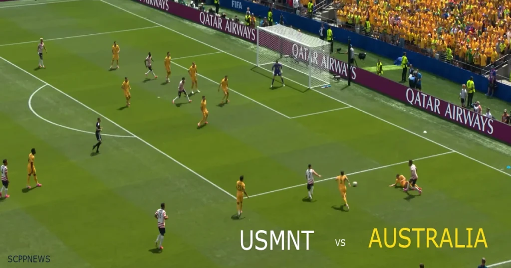 USMNT players apply pressure on Australia's defense during the United States' 2-0 FIFA World Cup victory, a result that secured qualification for the Round of 32.