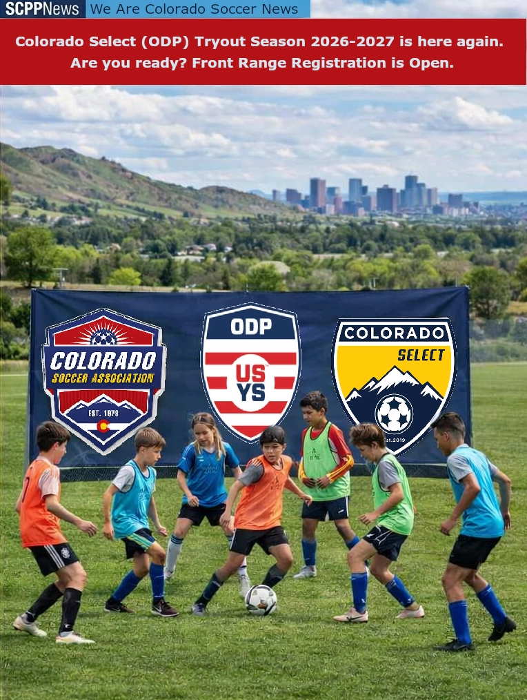 Youth soccer players aged 11–16 practice on a grassy field in Colorado’s Front Range area with the Denver skyline and hills in the background, standing near banners for Colorado Soccer Association, US Youth Soccer ODP, and Colorado Select.