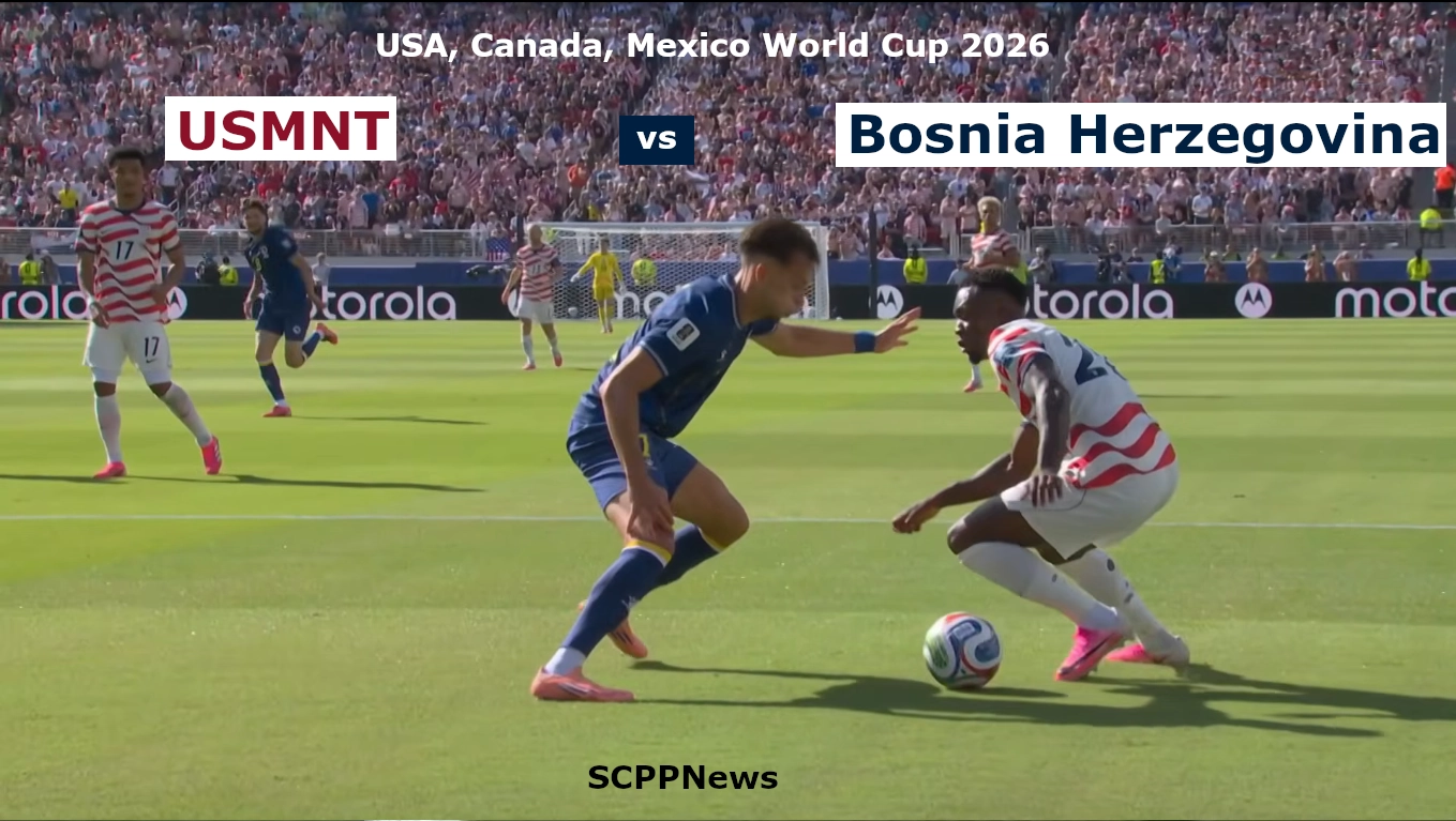 USMNT Folarin Balogun (#20) in red and white stripes controls the ball against Bosnia defender at FIFA World Cup 2026 in San Francisco Bay Area Stadium, Santa Clara. USA 2 VS Bosnia 0