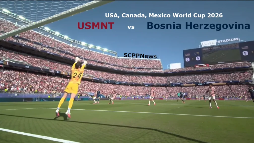 US goalkeeper Matt Freese (#24) leaps in yellow jersey to block a shot during USA vs Bosnia Herzegovina at FIFA World Cup 2026 in San Francisco Bay Area Stadium, with defenders Chris Richards and Tim Ream in front of him.