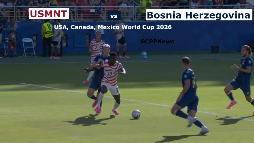 USMNT Folarin Balogun (#20) in red and white stripes strikes the ball to score opening goal against Bosnia defenders during FIFA World Cup 2026 at San Francisco Bay Area Stadium, Santa Clara.